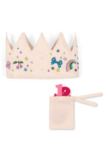 Load image into Gallery viewer, A light pink fabric crown with embroidered cherries, a blue bow, a rainbow, and stars, shown above a matching drawstring pouch containing pink letter decorations.