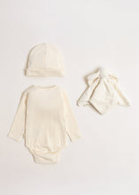 Load image into Gallery viewer, Baby outfit set with bodysuit, hat, and booties on a light gray background