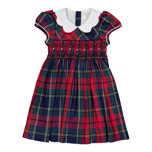 Ritha, smocked dress, in Navy and red tartan