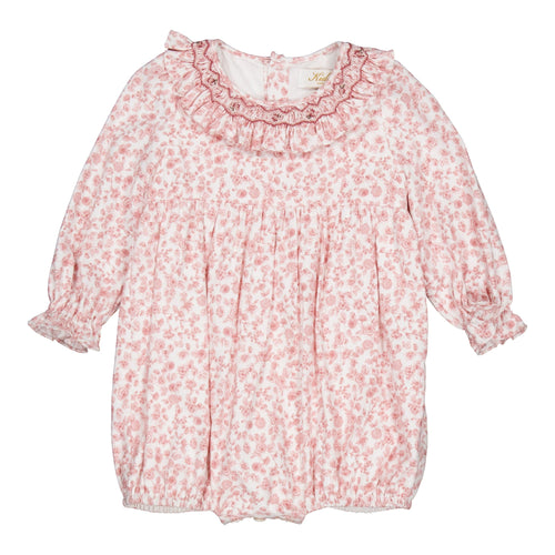 Thanaïs, smocked girl romper, in Old rose garden print