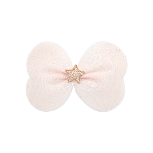 Pink bow with a gold star in the center on a white background