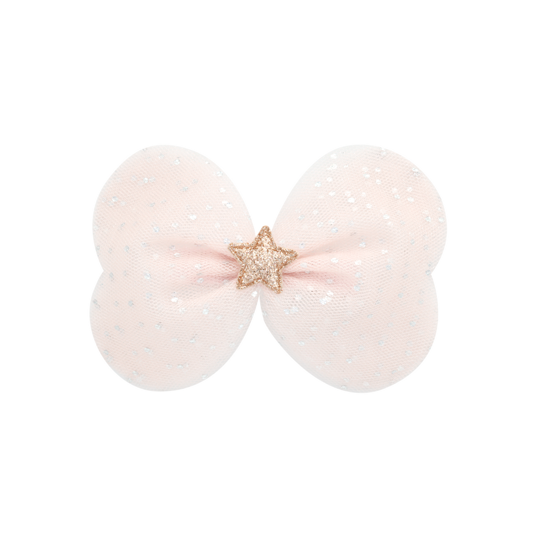 Pink bow with a gold star in the center on a white background