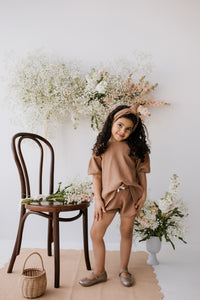 Organic Cotton Waffle Scarlett Puff Sleeve Top - Light Russet
