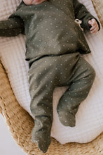 Load image into Gallery viewer, Organic Cotton Footed Pant - Tiny Dots Olive