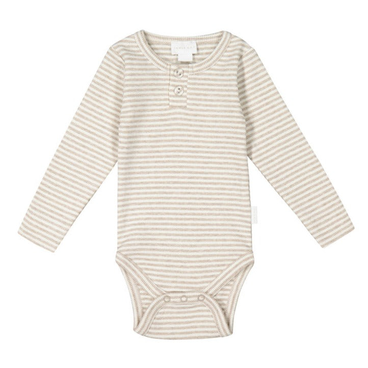 Organic Cotton Fine Rib Long Sleeve Bodysuit - Jean Stripe Sand