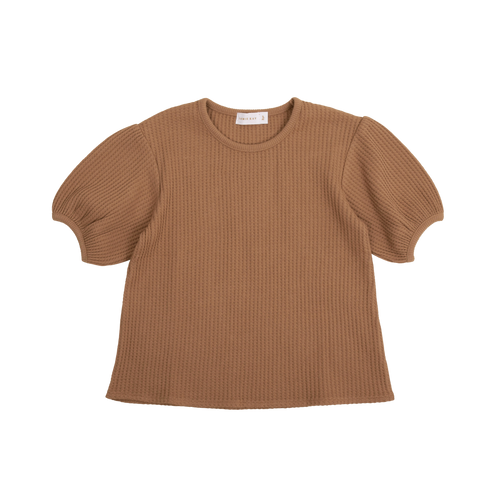 Organic Cotton Waffle Scarlett Puff Sleeve Top - Light Russet