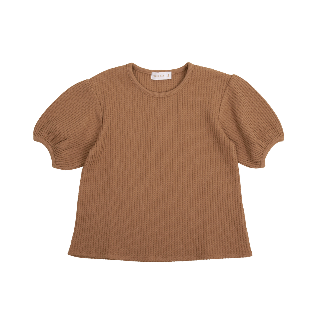 Organic Cotton Waffle Scarlett Puff Sleeve Top - Light Russet