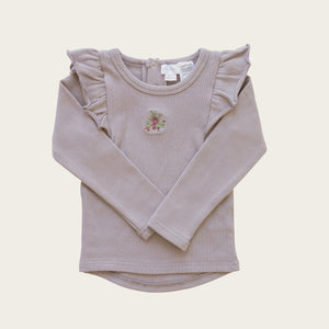 Organic Cotton Long Sleeve Frill Rib Top - Dove