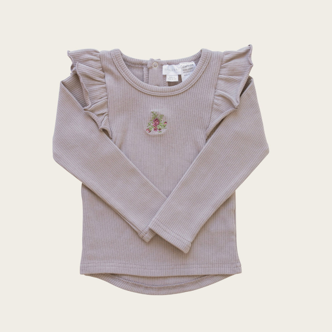 Organic Cotton Long Sleeve Frill Rib Top - Dove