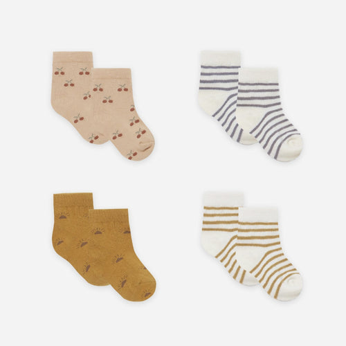 PRINTED BABY SOCKS SET | CHERRIES, OCRE STRIPE, SUNS, INDIGO STRIPE