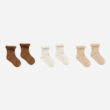Load image into Gallery viewer, ruffle socks, 3 pack || chocolate, ivory, shell