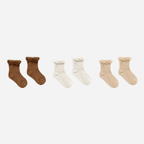 ruffle socks, 3 pack || chocolate, ivory, shell