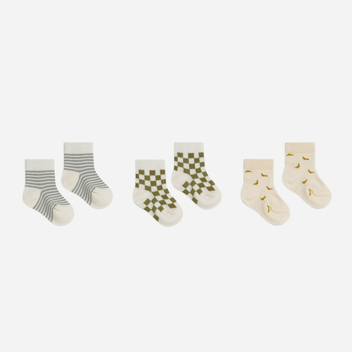 printed socks || pool stripe, olive check, bananas