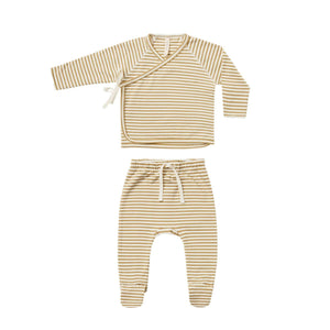 Quincy Mae Sleepsuit 3-6m Wrap Top + Pant Set | gold stripe