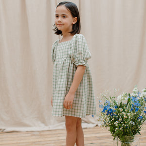 Marbles Dress - Oat & Olive Check Linen
